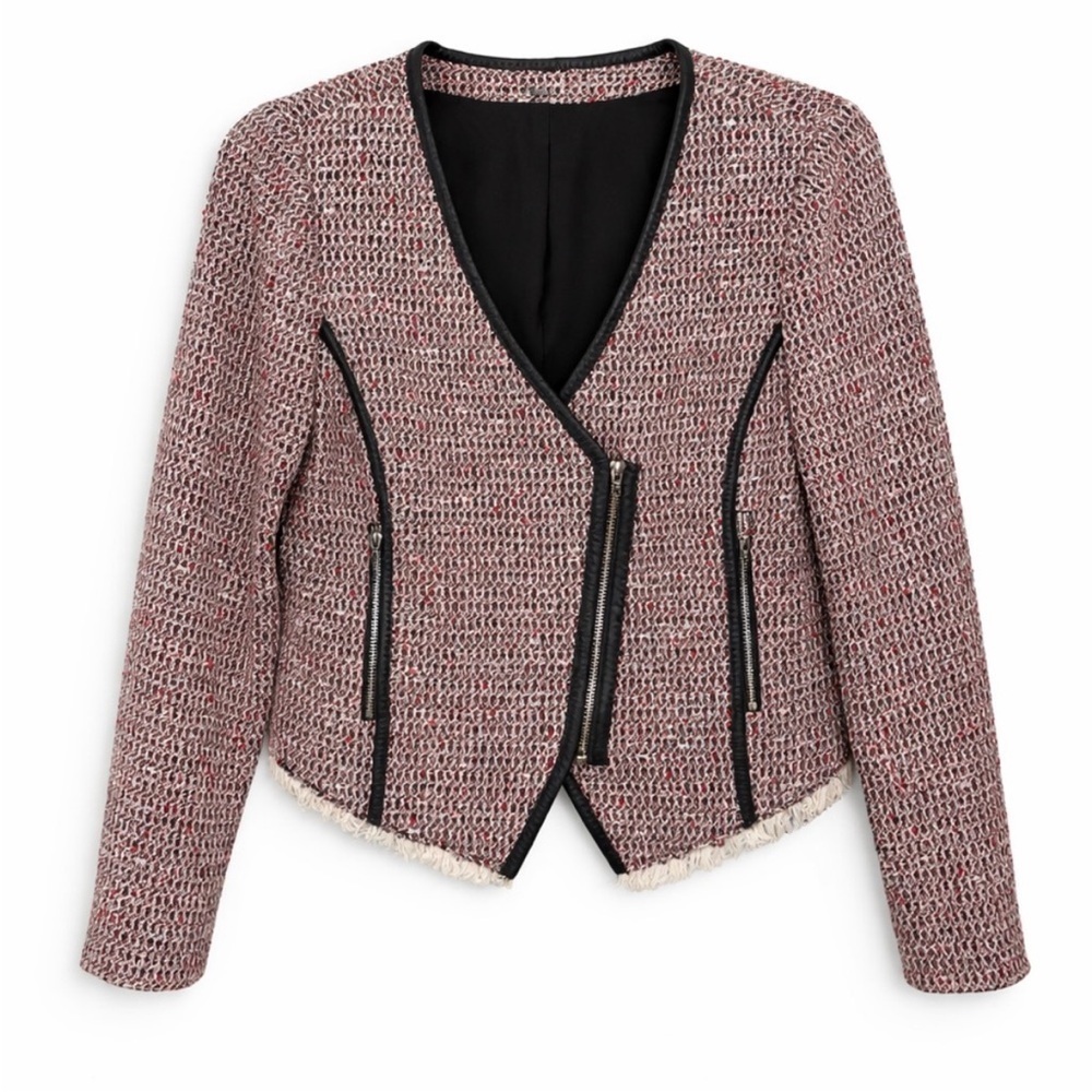 Rebecca Taylor Moto Tweed Blazer Leather Trim Gray Cropped Jacket Size 10